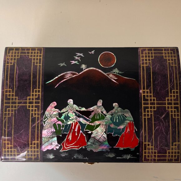 Vintage Black Lacquer Korean Jewelry/Music Box - Mother of Pearl Inlay, Brass - Picture 6 of 13